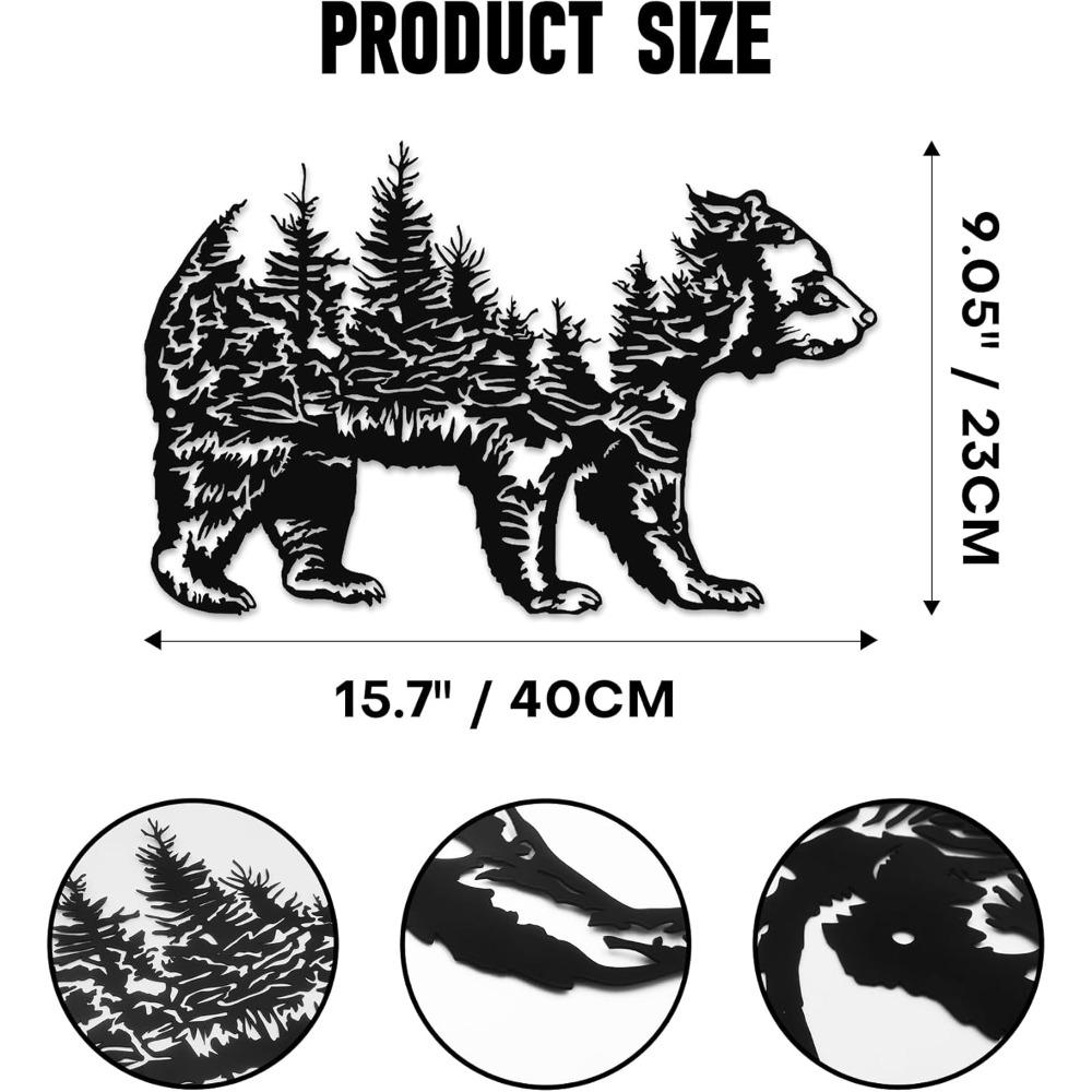 Black Bear Metal Wall Art, Mountain Tree Silhouette, Rustic Cabin Decor, Durable Outdoor Indoor Sculpture for Living Room Bedroom
