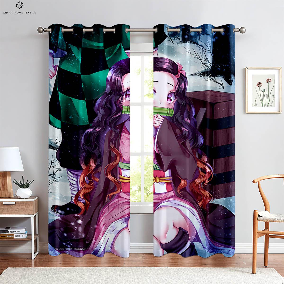 Anime Cartoon Mädchen Japanischer Comic Druck Vorhänge, Kinderzimmer, Wohnheim, Wohnzimmer, Arbeitszimmer, Dekorativ, 2 Stück W50xH130(CM)x2PCS&Grommet Top black