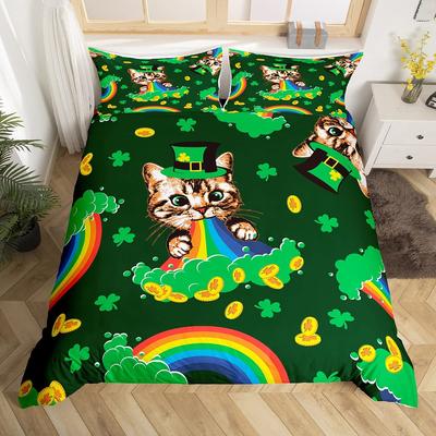 St. St Patrick's Day Påslakan Söta Katter Regnbåge Sängklädesset Retro Lyckoklöver Polyester Täcke Söt Djur Täcke