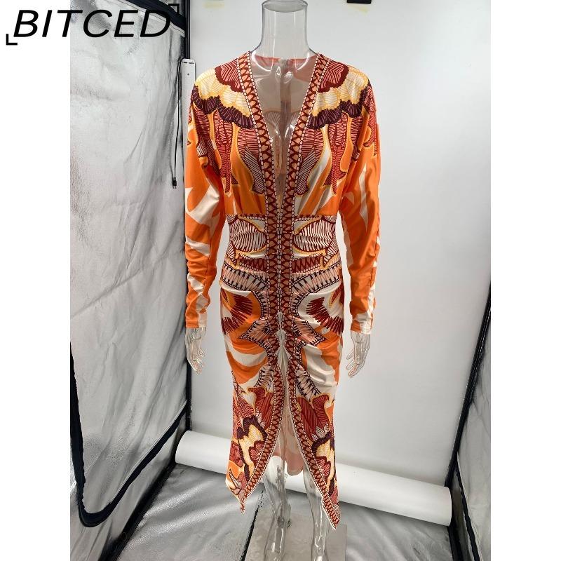 BITCED Spring/Summer Women's Printed Sexy V-Neck Long-Sleeve Slit Dress
