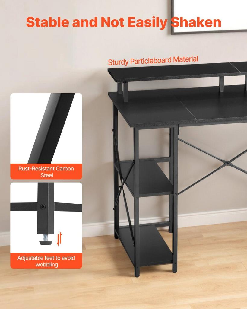 120 cm Computer Desk with Smart LED Lights and Power Outlets, Reversible Gaming Office Desk with Monitor Stand and 2-Tier Storage Shelves, Study Work