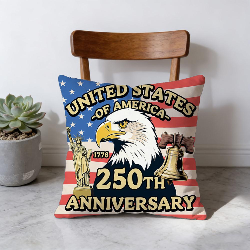 1Pc Usa 250Th Anniversary Throw Pillow Cover, Bald Eagle & Liberty Bell Patriotic Decor, American Flag Design Pillowcase For Hom