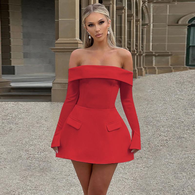 Sexy style one-word shoulder A pendulum dress women, autumn new temperament elegant slim hip skirt