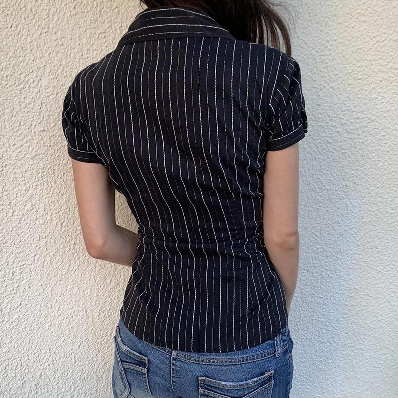 Modna koszula w paski Damska letnia nowość Kontrastowy kolor Krótkorękawowa zapinana na guziki Kardigan Slim Top do pracy Kobiety