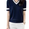 Damen Koreanischer Stil Schlankmachend Vielseitig Mode Gestricktes Oberteil Locker Farbblock V-Ausschnitt Einfarbig Kurzarm T-Shirt