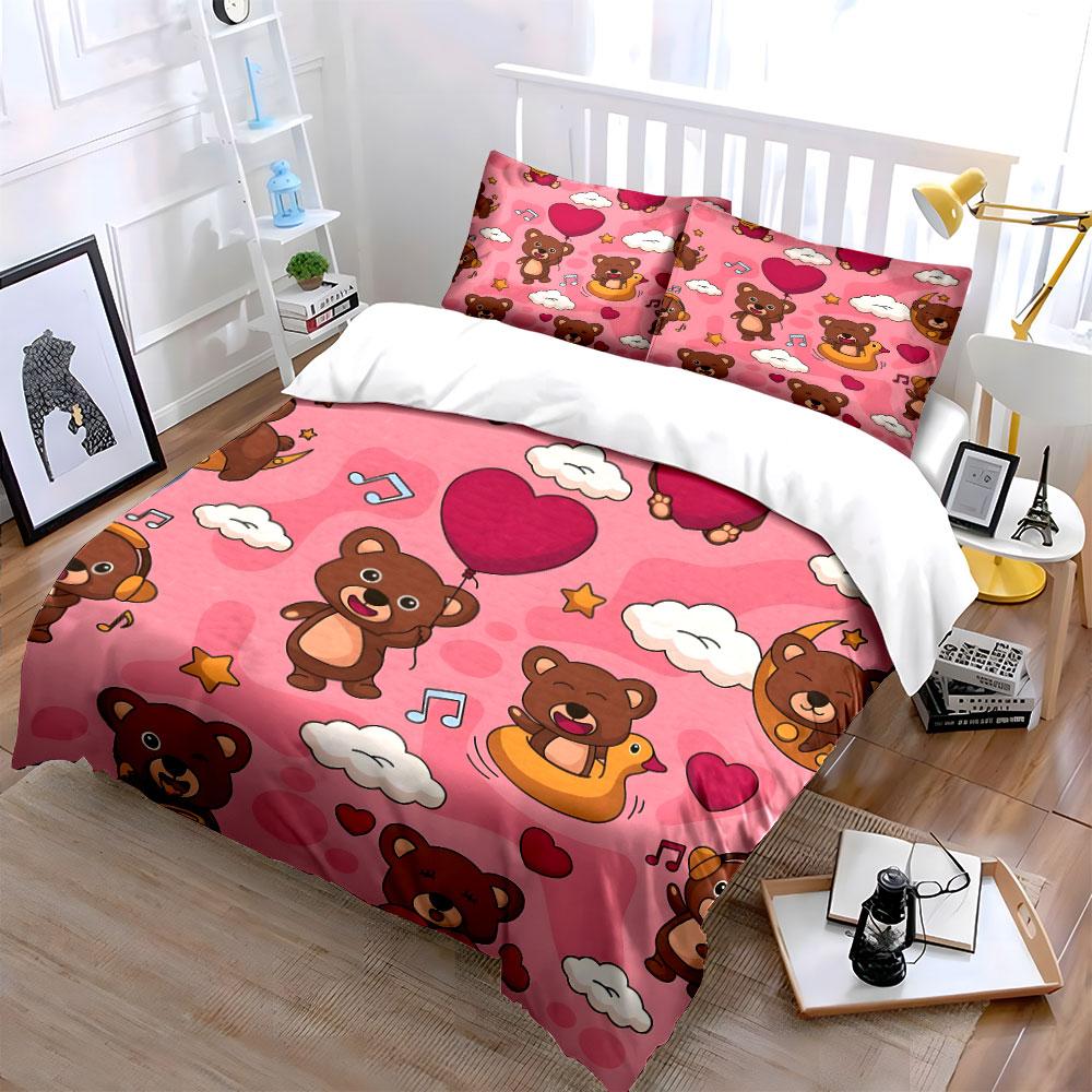 Cute Bear and Heart Pattern Bedding Duvet Cover Set (1*Duvet Cover 2*Pillowcases, Without Duvet Insert)