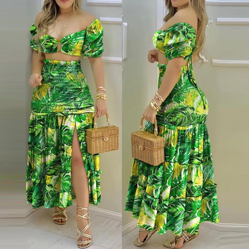 Autumn 2026 European-American Color Block Print Vest & High Waist Split Long Skirt Set 661