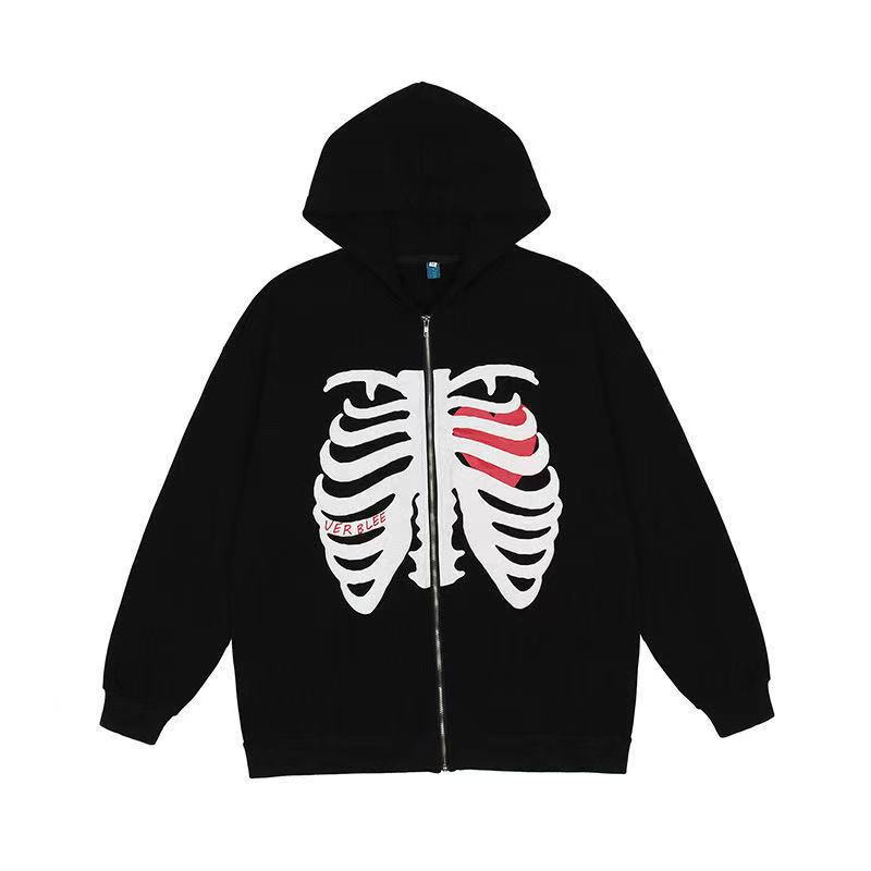 2023 European and American New Hoodie Skull Hiphop Sweater Women's Loose Street Sports Zipper Cardigan Y2k Jacket