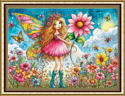 Diamond Art AN-diaart Kit Square Beads A2 Size Resin Girl Flower Garden AM-556