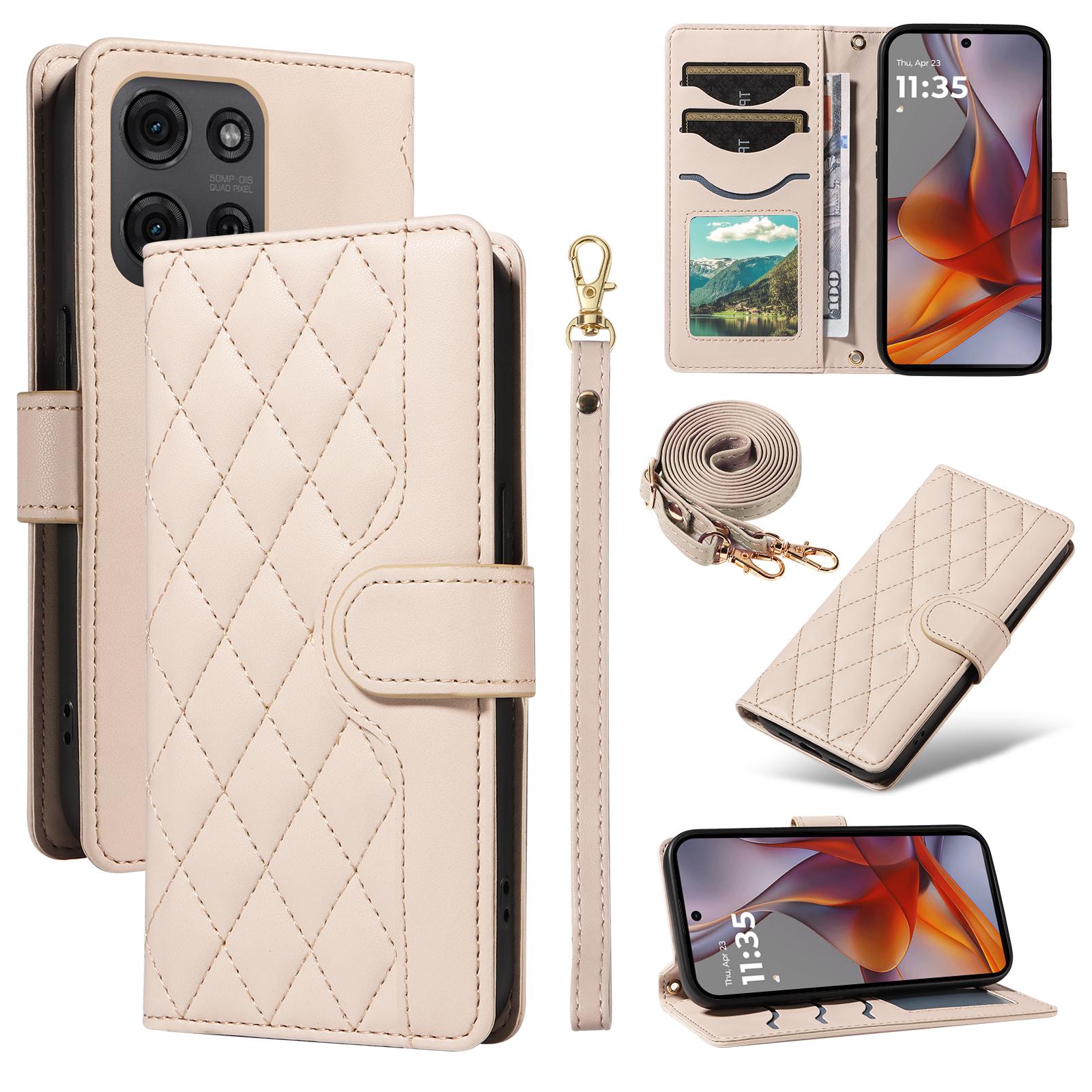 

For Motorola Moto G75 5G Wallet Case Rhombus Leather Phone Cover with Shoulder Strap,Wrist Strap Apricot