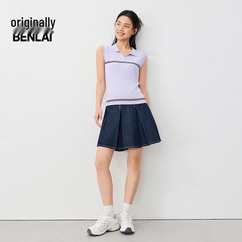 BENLAI Women's Retro Pleated Denim Midi Skirt