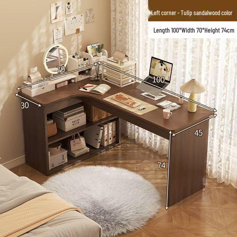 Compact Corner Computer Desk with Integrated Bookshelf & Vanity for Bedroom or Home Office