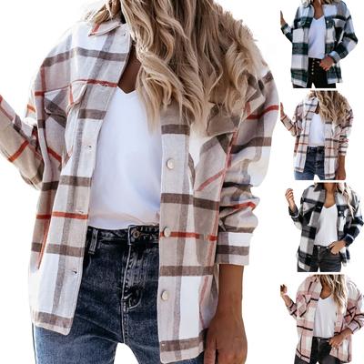 Women's  And Winter Fashion Loose Plaid Print Pocket Long Sleeve Jacket