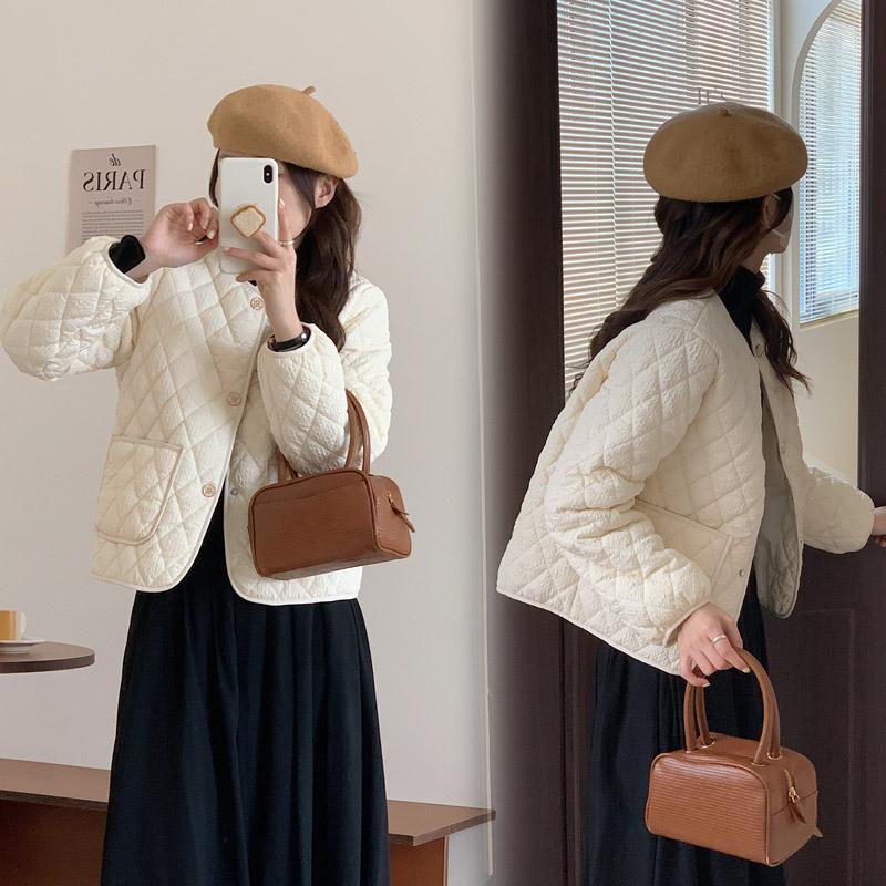 Women's Autumn Winter O Neck Long Sleeve Button Big Pocket Short Warm Parka Chic Jacket