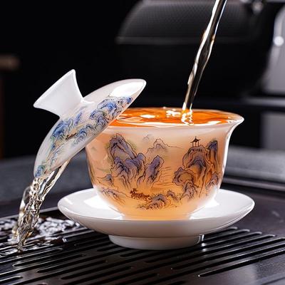 "Jingdezhen Jade Porzellan Gaiwan Tee-Set mit schwebendem Deckel und Untertasse – Traditionelle chinesische Kung Fu Teetasse"