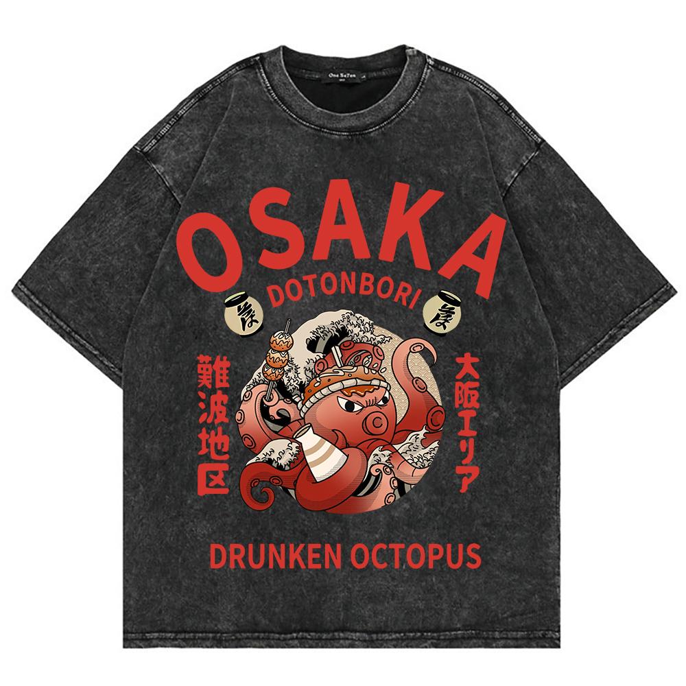 Cotton Vintage Washed Osaka Dotonbori Drunken Octopus T Shirt Hot Fashion Men Takoyaki Oversize Loose Acid Wash Tees Shirts