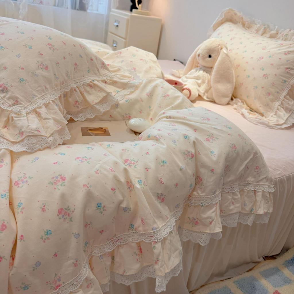 Korean Style Girlish Lace Cotton 4-Piece Princess Bedding Set for 1.8m Bed