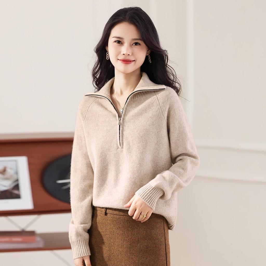 Women's Half Zip Lapel Cashmere Sweater - Loose Knit, Thick, 100% Pure Wool, Solid Color.