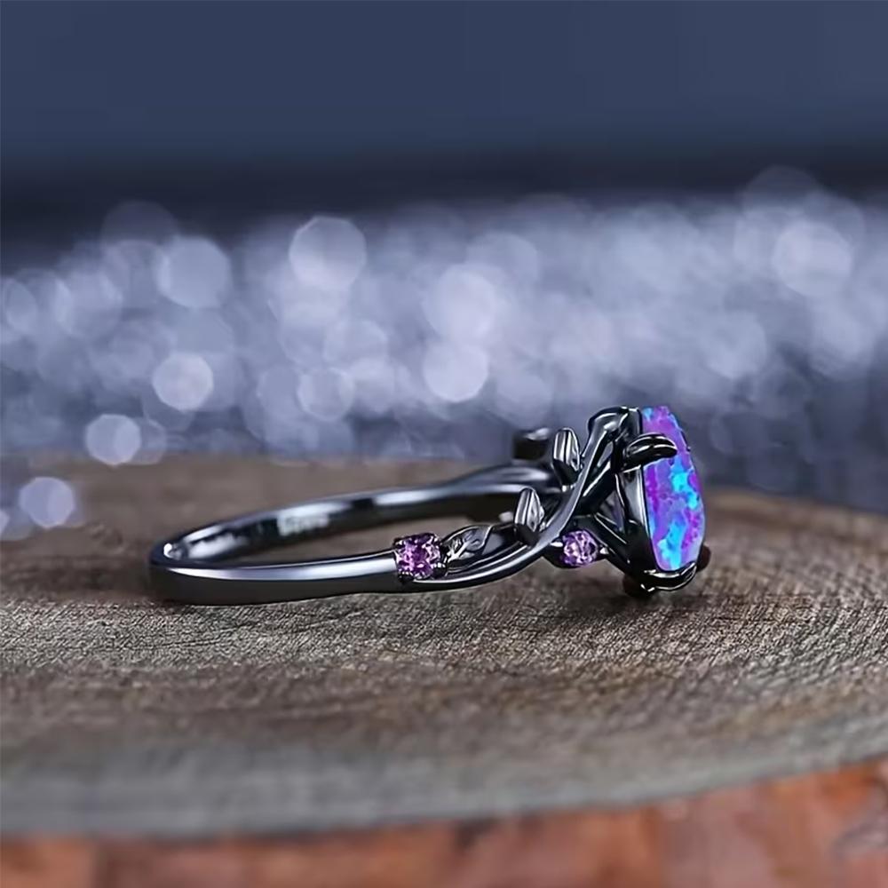 Vintage Black Gold Leaf Teardrop Opal Ring for Women Purple Amethyst Accent Gothic Engagement Ring Fashion Jewelry Gift
