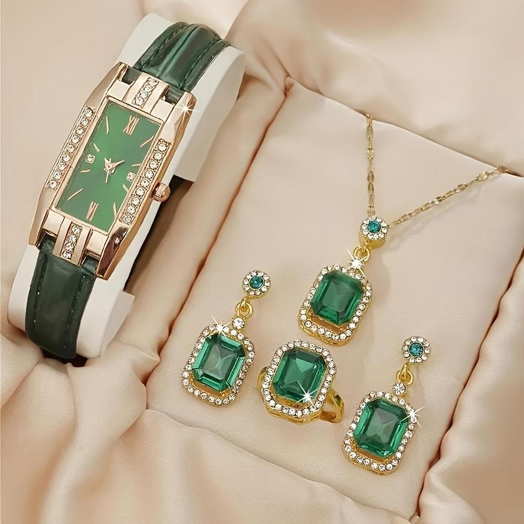 Σετ ρολογιών 5 τεμαχίων Vintage Rhinestone, δερμάτινο λουράκι από μαλακό PU, δείκτης από κράμα ψευδαργύρου, πλήρες ασορτί σετ κοσμημάτων με εξαιρετικά σκουλαρίκια και κολιέ