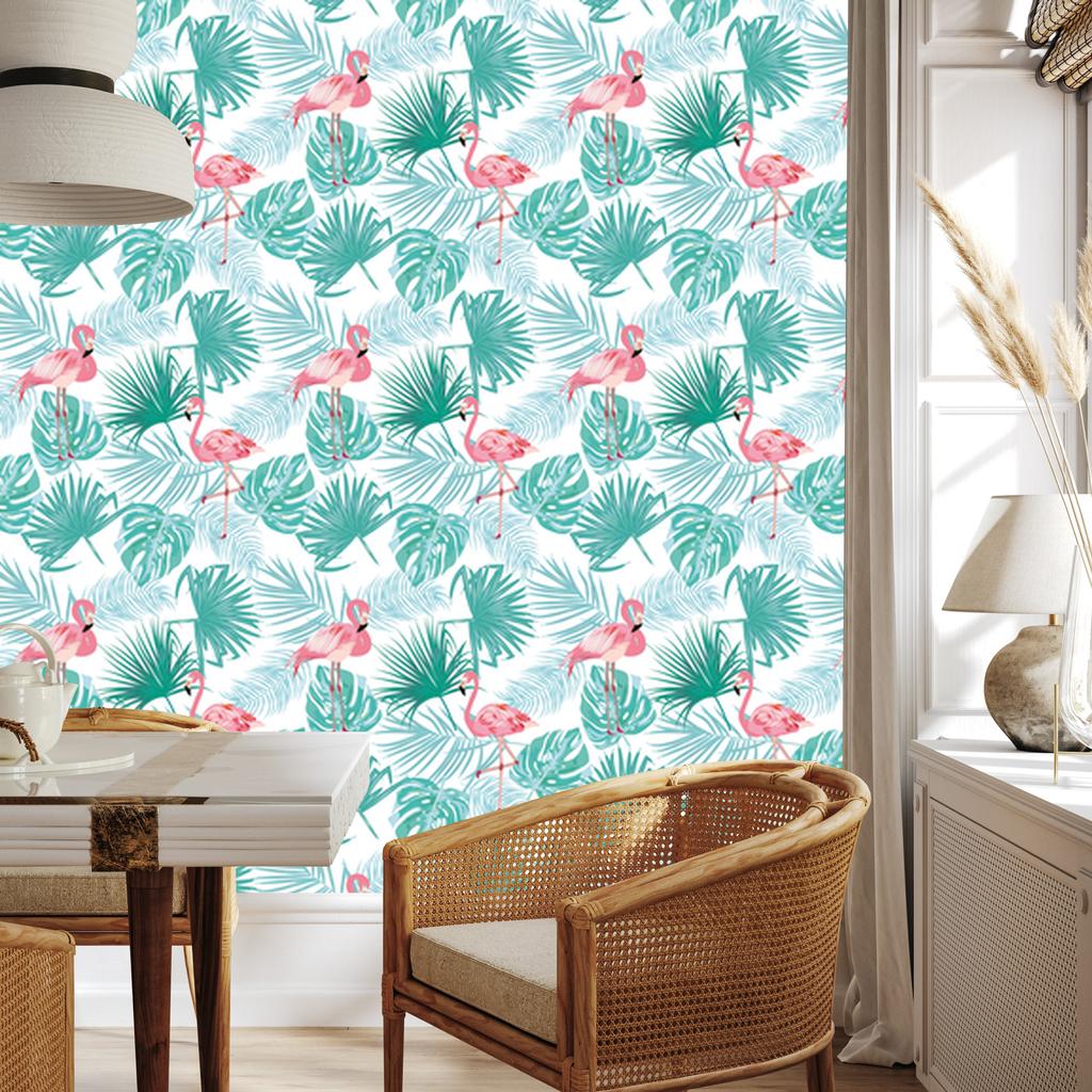 Tropical Leaves Flamingos Wallpaper for Living Room and Bedroom 50x1000