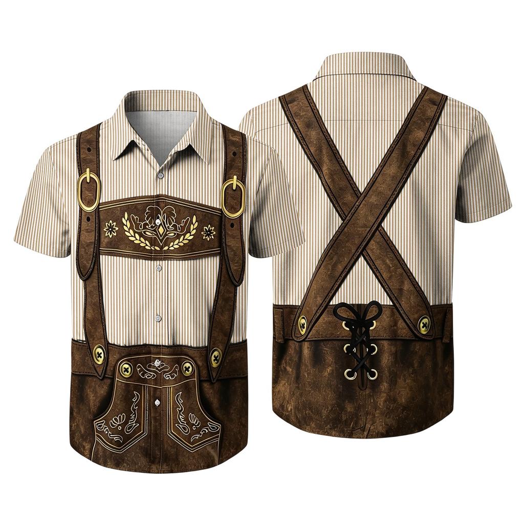 Men's Short Sleeve Button Up Shirt Festival Retro Beer Elements Print Casual Loose Fit Party Daily Wear Shirt