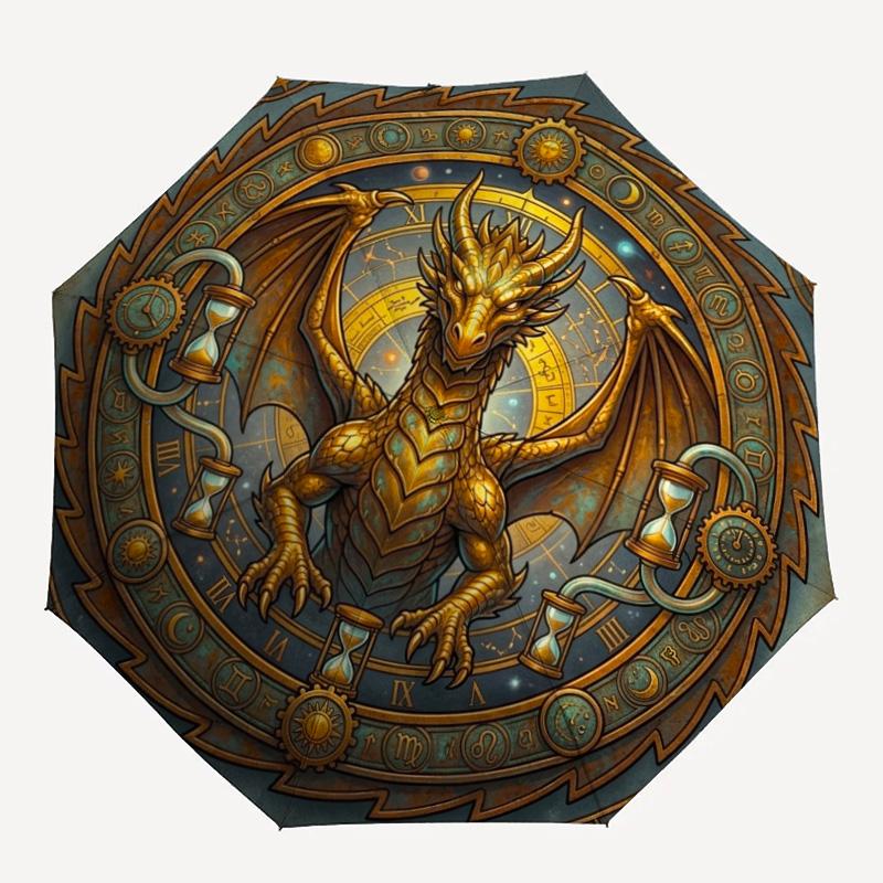 Steampunk Dragon Zodiac pattern umbrella, portable and foldable design, 8 ribs, a casual accessory for Halloween, Christmas, and birthday gifts.