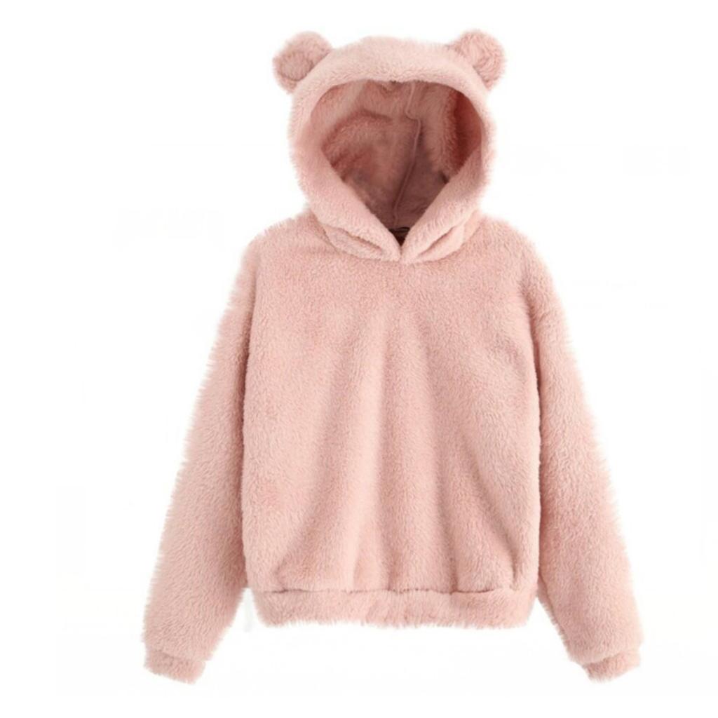 Damen Kapuzenpullover mit Bärenohren Flauschiger Sherpa Fleece Pullover Langarm Niedlich Locker Freizeit Warm Plüsch Kapuzenpullover Oberteile