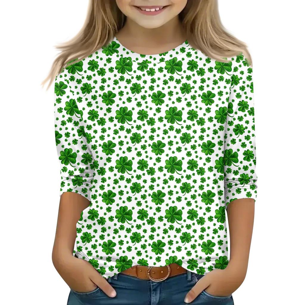 Print Tops For Youth Girls 5-16 Years Round Neck 3/4 Sleeves T-Shirts Trendy Tops Outfit Tees