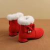 New Red and Black Girls' Cotton Princess Ankle Boots - Low Heel, Autumn/Winter
