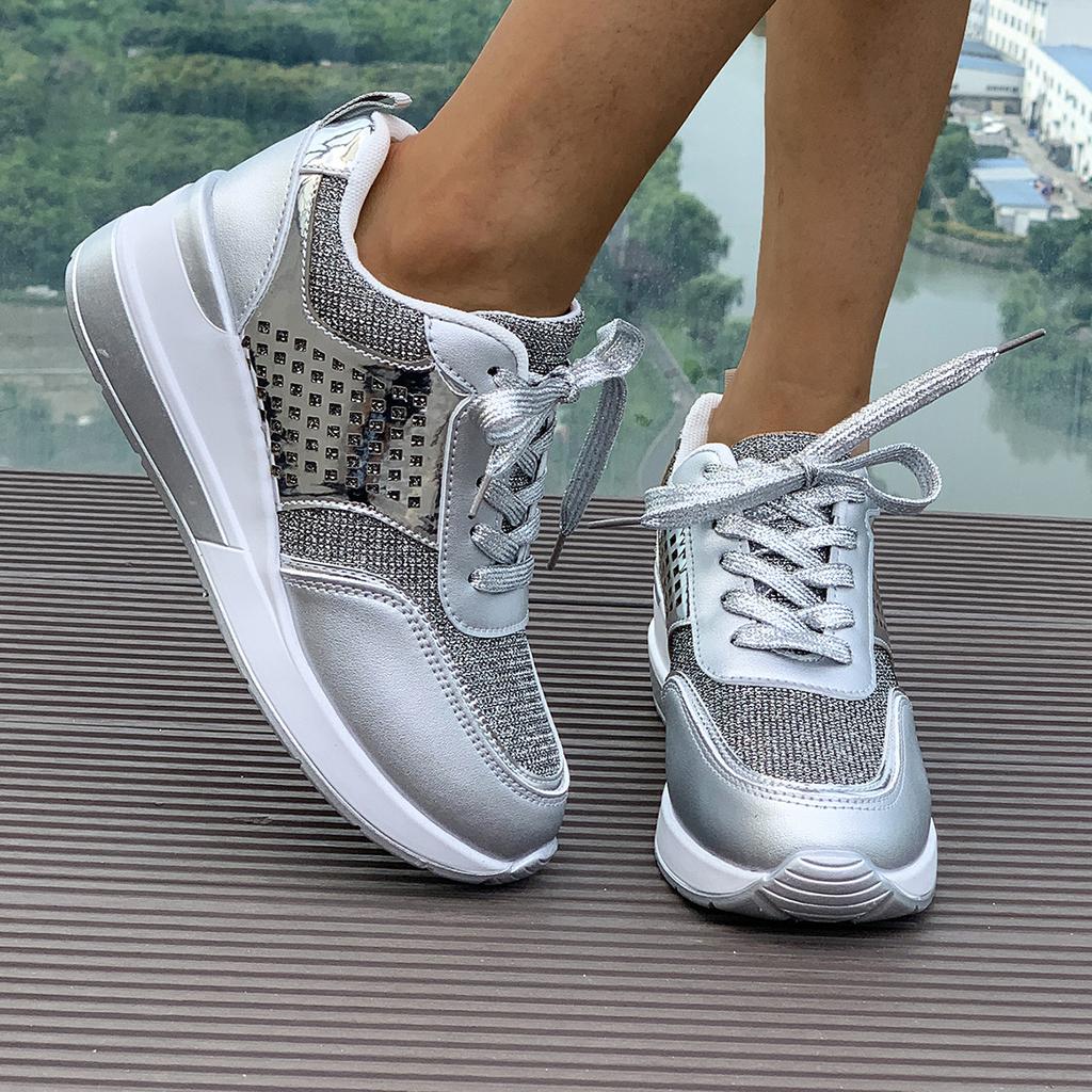 Women's Thick Soled Sports Shoes Breathable Sequins Round Toe Casual Sports Shoes Plus Size Lace Up Shoes 36-43