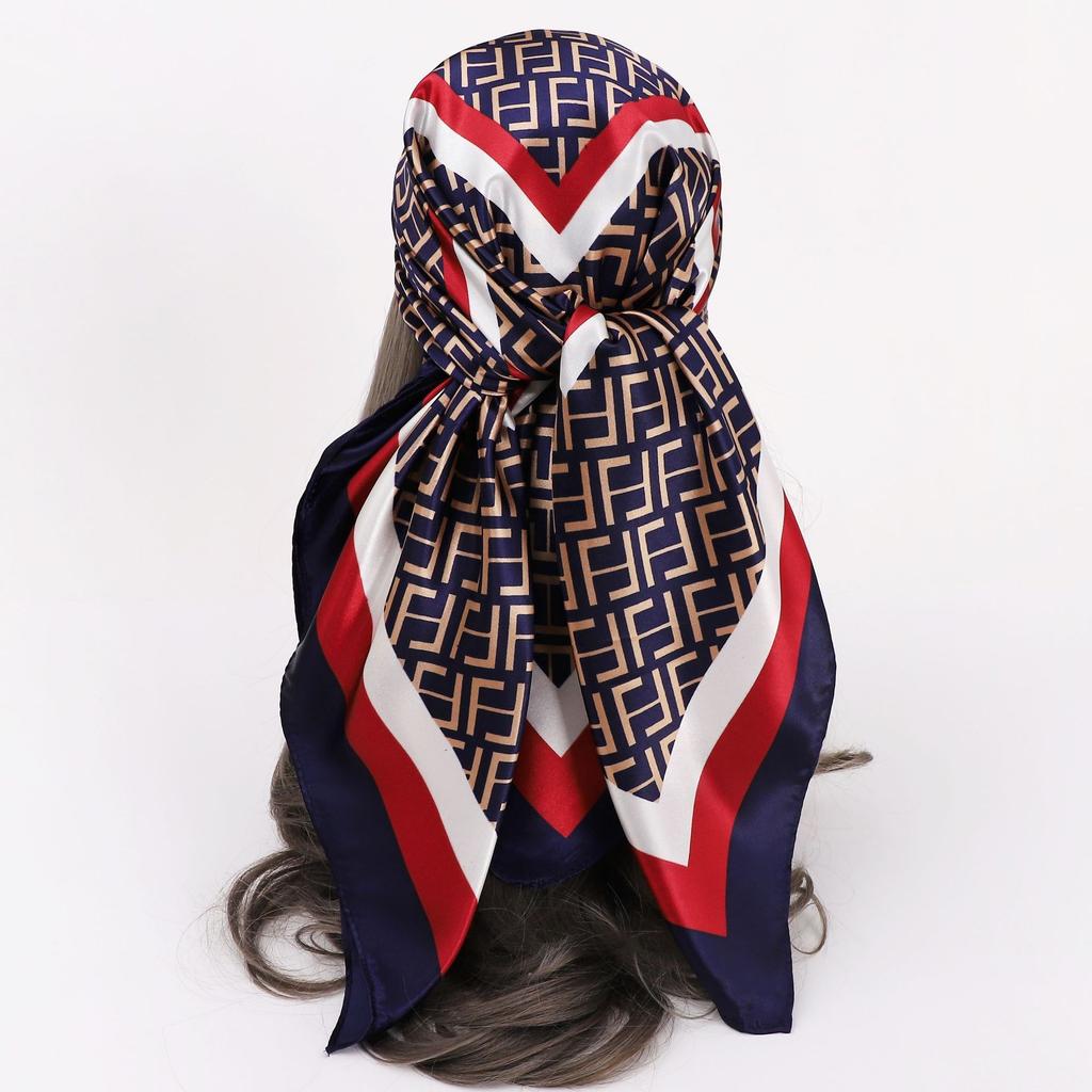 90 * 90Cm Square Scarf, Simulated Silk Scarf, Women'S Headscarf Co Contrasting Color Shawl Stripe Simple