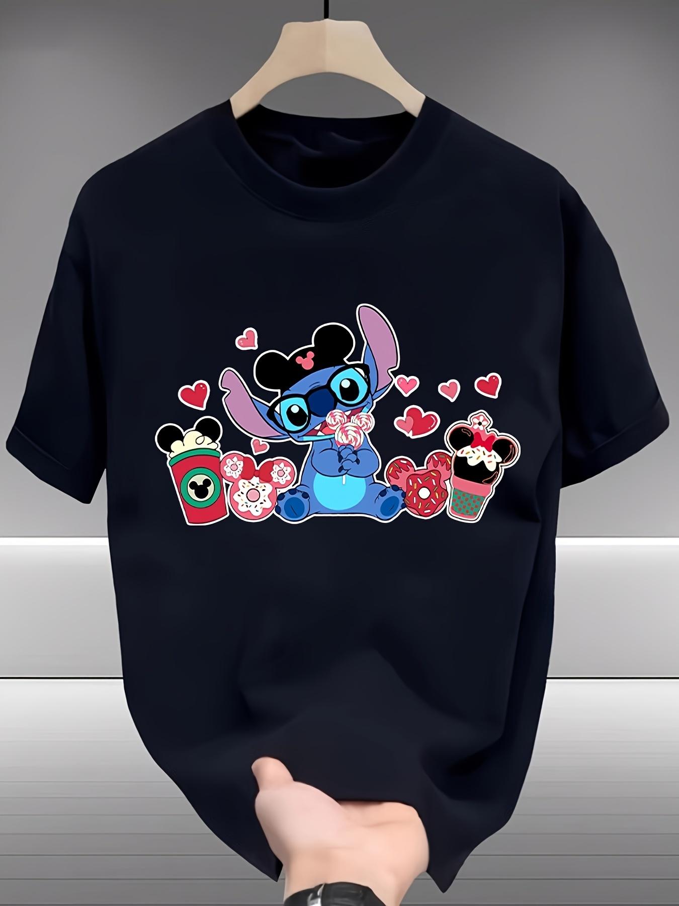 Disney Stitch & WoSummer T-shirt - Black & White Casual Short Sleeve Tee with Vibrant Stitch & Hearts Graphic L