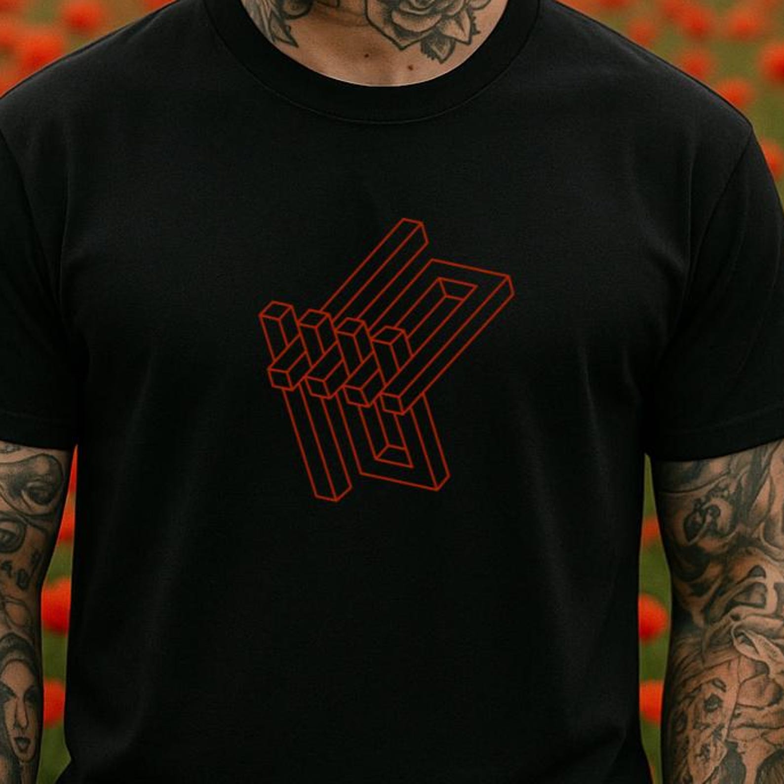 Geometric Hand Sign T-Shirt: Edgy Tattoo Style Graphic Tee S