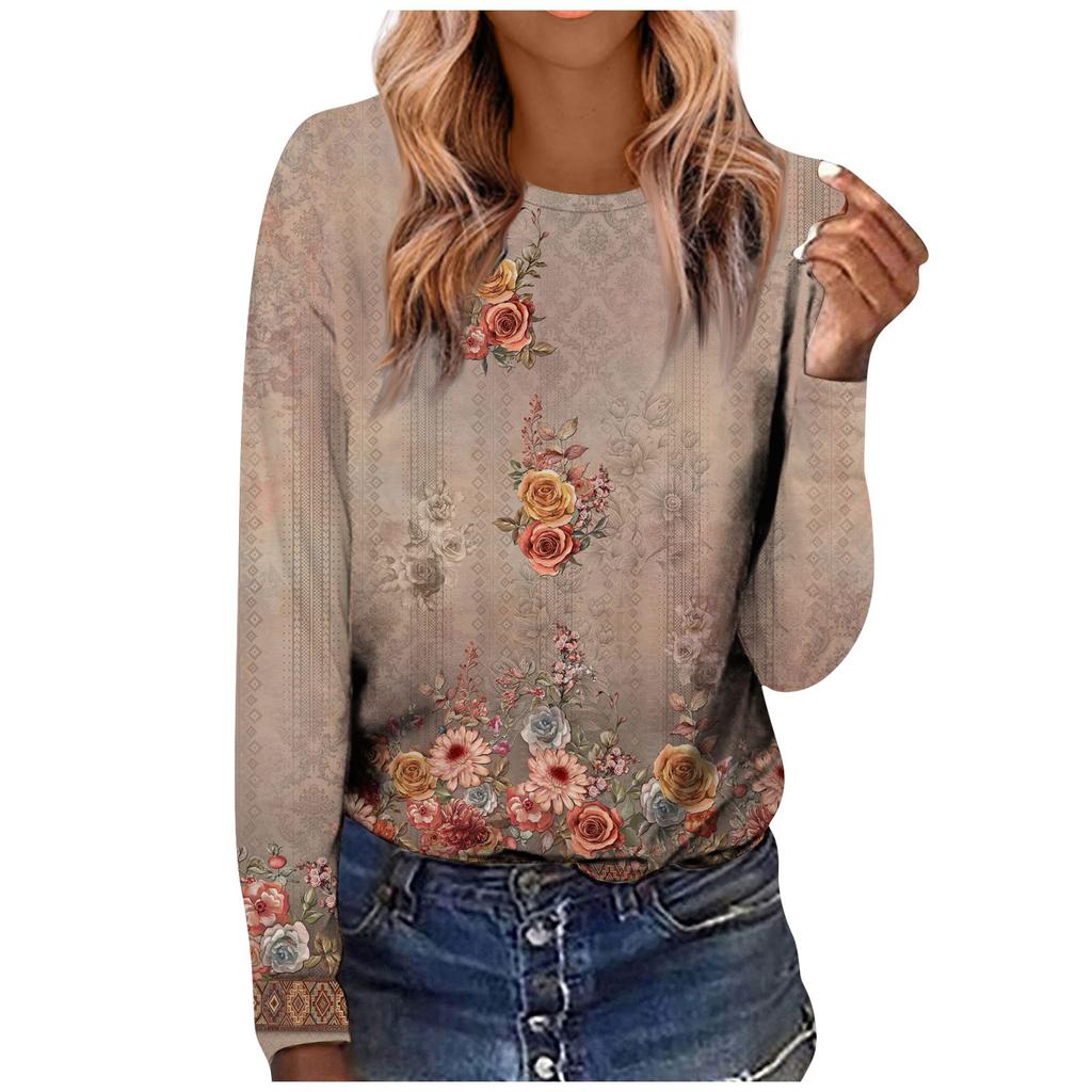 Women's Fashion Casual LongSleeve Print Round Neck Pullover Top Blouse