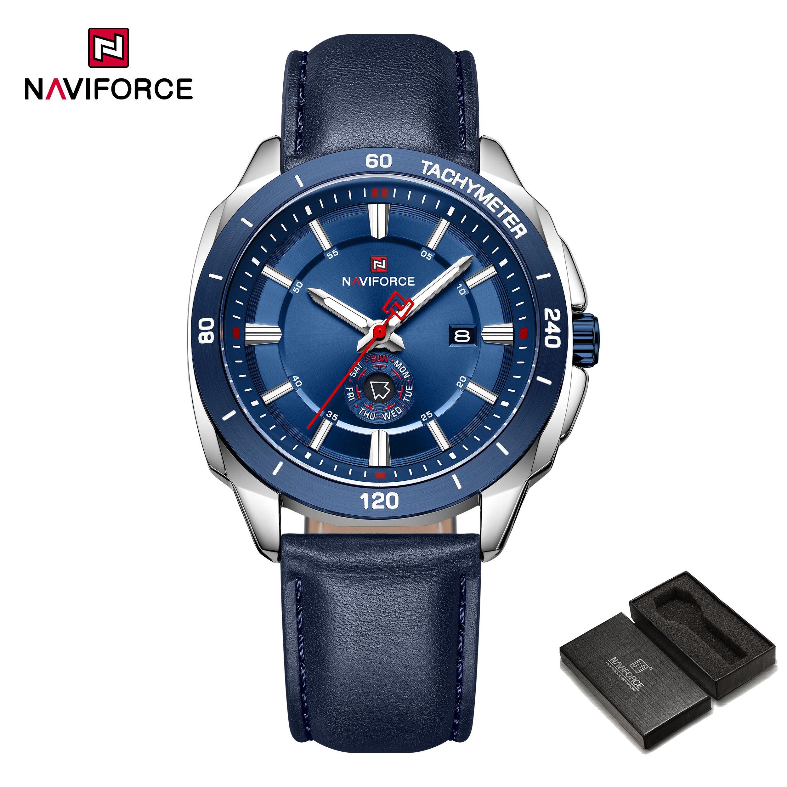 

Naviforce Оригінальний чоловічий бізнес-годинник Шкіряний ремінець Водонепроникність 30м Кварцовий механізм Календар Світлові стрілки Круглий корпус Чоловічий годинник NF9269 синій