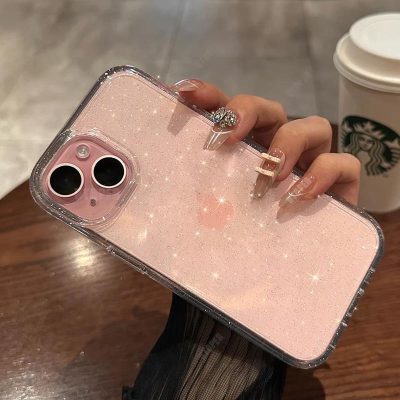 Fashion Pink Glitter Clear Silicone Phone Case For iPhone 15 14 13 12 11 Pro Max Plus X XS Max XR Soft Antiskid Protect Cover