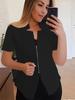 Fashion Women's Small Suit Tailored Collar Zipper Short Sleeve Plus Size Casual Solid Color Suit Jacket Tops Versatile Suit
