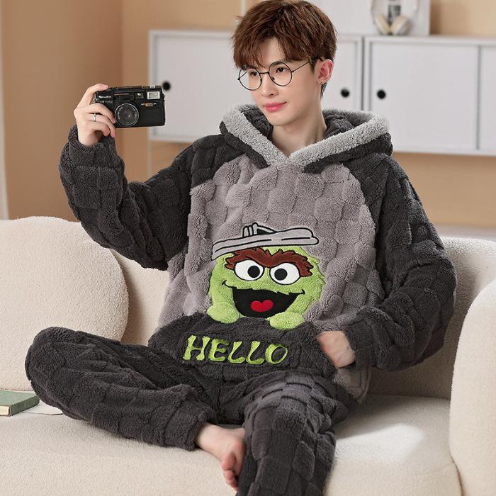 

Новый мужской зимний утолщенный пижамный комплект из кораллового флиса, плюшевый домашний костюм с капюшоном, с длинным рукавом, мультяшный фланелевый набор из 2 предметов, теплая ночная одежда большого размера L темно серый