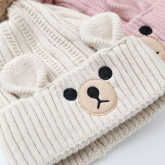2Pcs/Set Children Hat Scarf Set Plush Ball Decor Bear Pattern Thickened Soft Touch Windproof Kids Knitting Hat Long Scarf Set