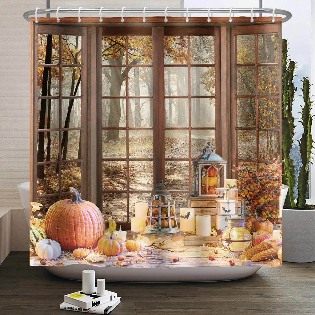 Fall Forest Natural Scene Shower Curtain for Bathroom Autumn Maple Tree Plants Rural Landscape Pumpkin Waterproof Shower Curtain