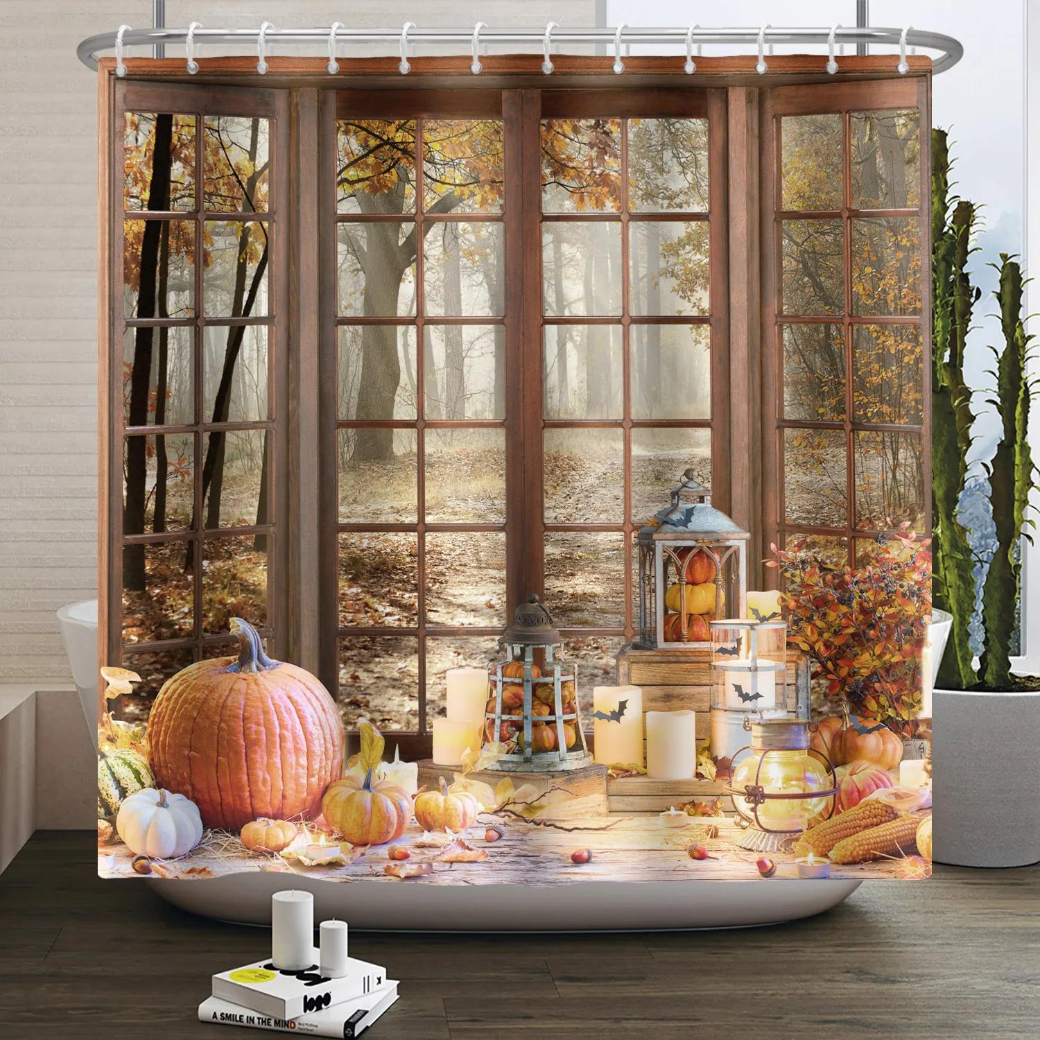 

Autumn Forest Maple Shower Curtain Natural Jungle Leaves Pumpkin Fall Bathroom Shower Curtain Waterproof Shower Curtain Decor W 90xH180cm