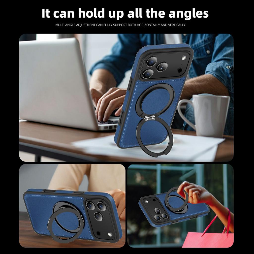 For iPhone 17 Pro Case with Ring Kickstand Compatible with MagSafe PU Leather Back Cover