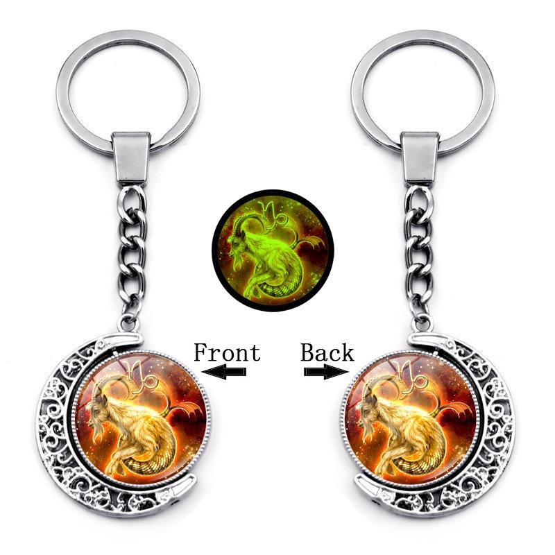 Luminous Twelve Constellations Time Gemstone Keychain Pendant Rotating Moon Pendant Metal Keychain Hanging Gift