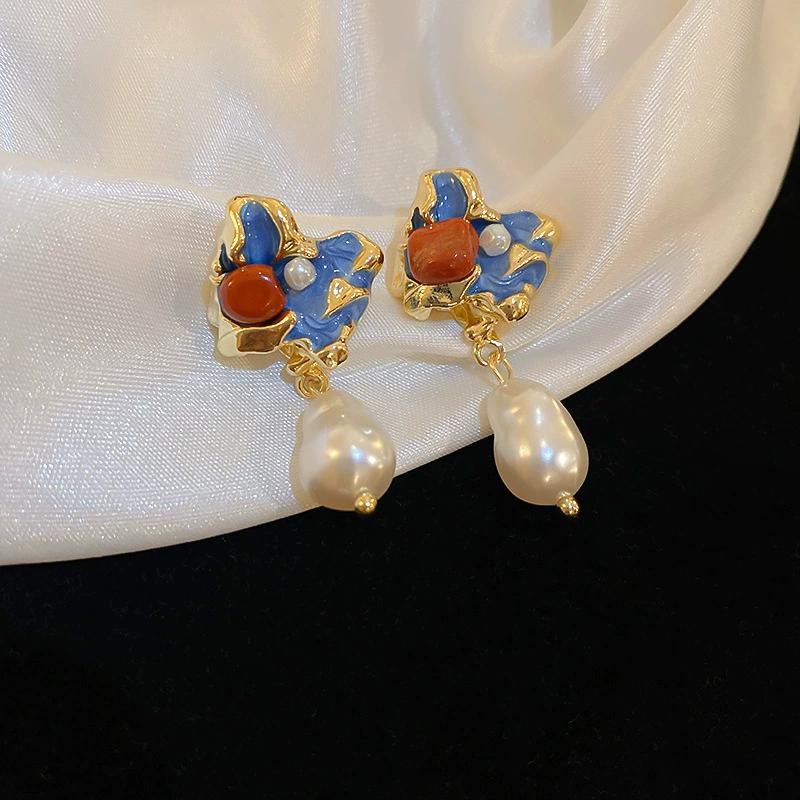 Imitation Pearl Stud Earrings for Women Oil-dripping Flower Drop Earring Vintage Rhinestones Jewelry Accessory