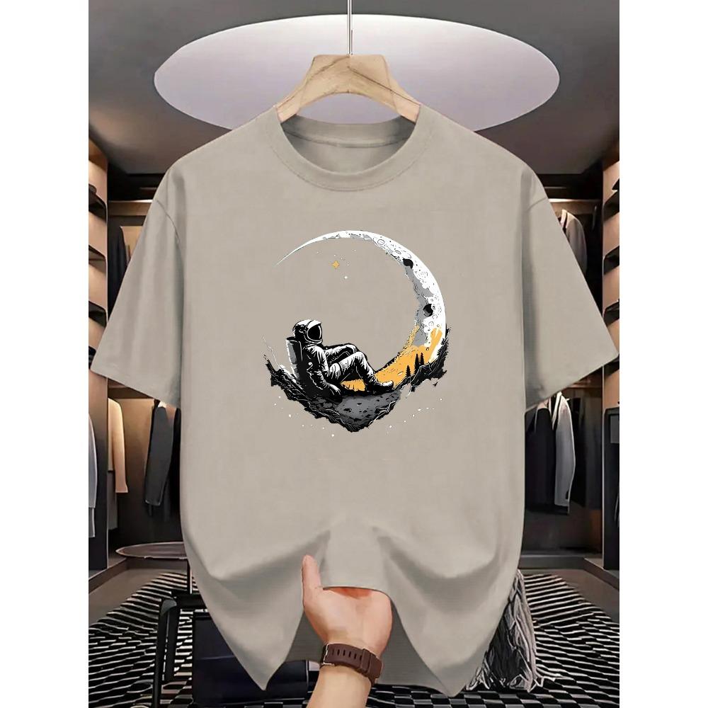 Camiseta Casual de Manga Corta para Hombre de Algodón 100% Puro, Corte Holgado, Estampado de Astronauta Iniciando Sesión y Luna, Cómoda, Cuello Redondo