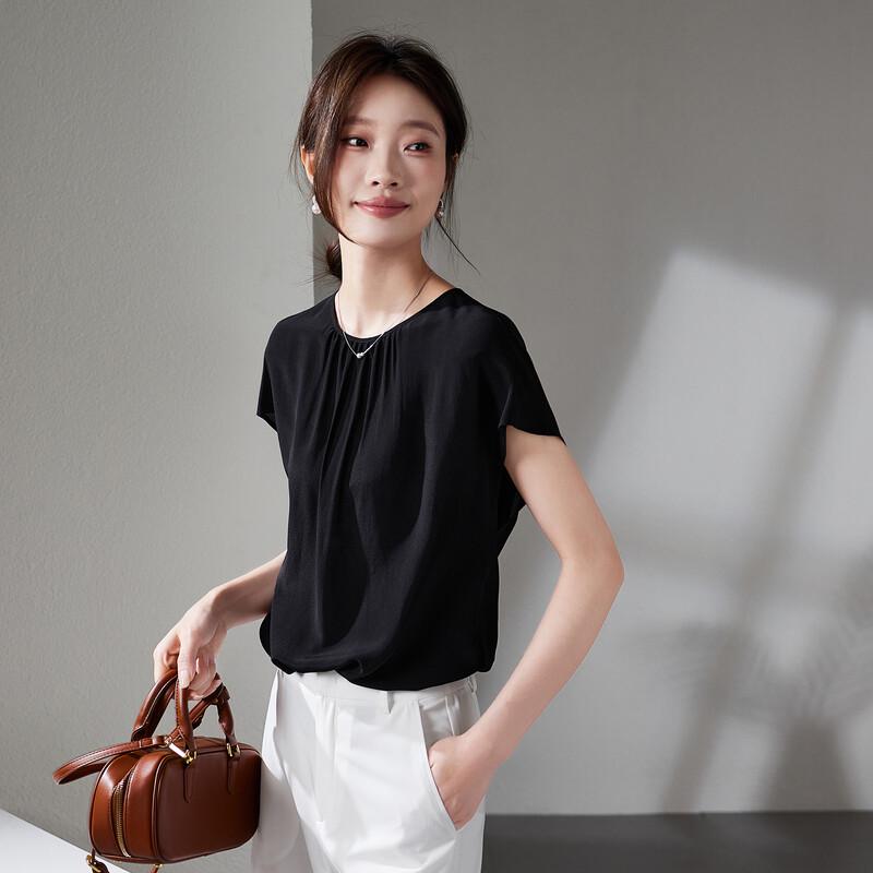 SOFSIL Women s Solid Silk Short Sleeve Round Neck Blouse M