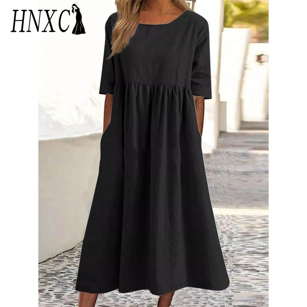 HNXC Весенне-летнее женское платье с круглым вырезом, повседневное свободное длинное платье, платья больших размеров S
