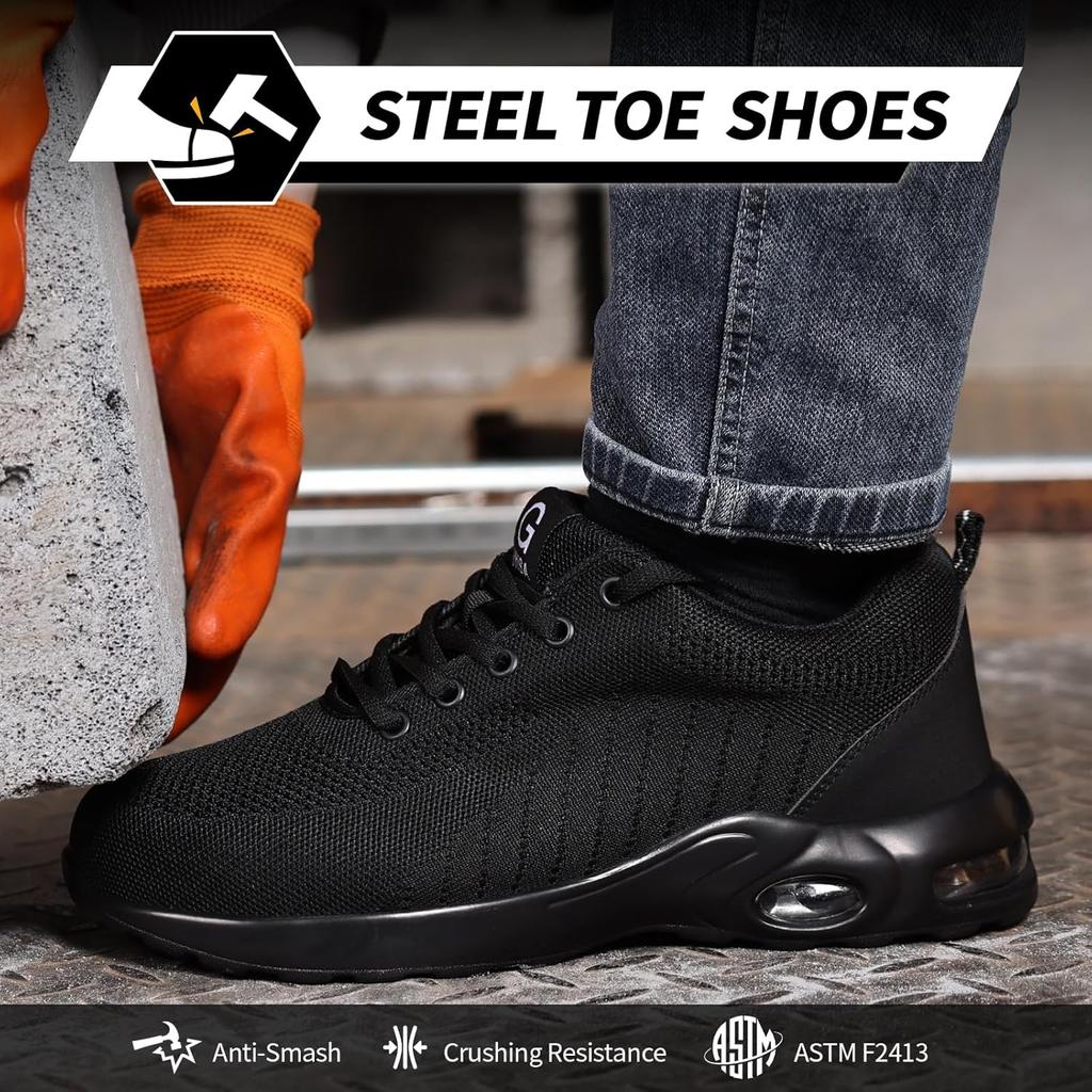Luftkissen Arbeits-Sicherheitsschuhe Herren Damen Atmungsaktive Arbeits-Sneaker Stahlkappen-Schuhe Durchstichsichere Unzerstörbare Arbeitsstiefel Schwarz