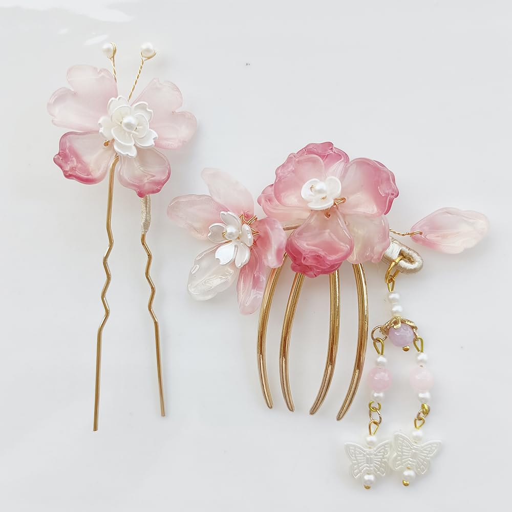 Hair Ornament Set with Flower and Butterfly Stylish Kanzashi Hairpin for Entrance Hanfu 2-Piece Design, U-Pin, Kimono, Yukata, Graduation, Ceremony,